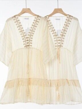 Embroidered V-Neck Boho Tunic in Ivory with Tan Trim